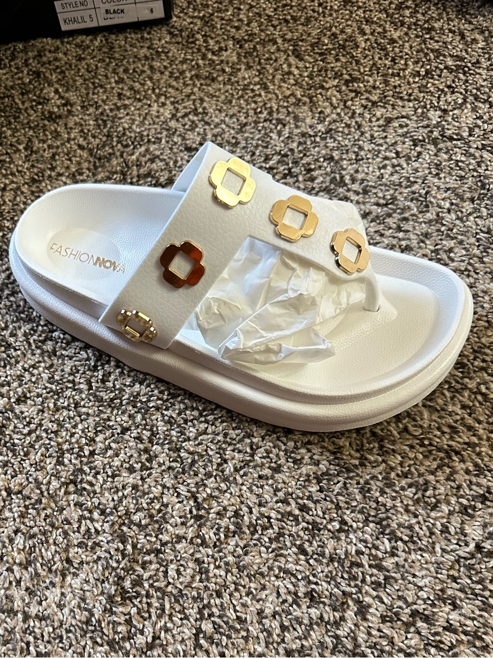 Brand New Fashion Nova White Slide Sandal with Gold Flower Accents